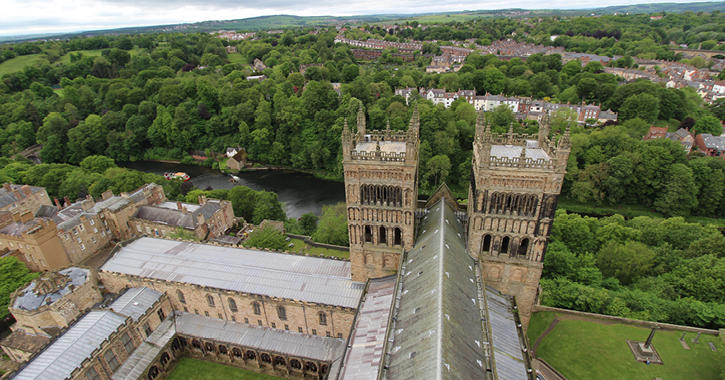 view of Durham Cathedral, River Wear and Durham City from cathedral central tower.
